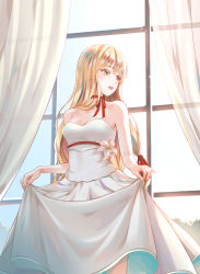 Rule 34 | 1girl, absurdres, blonde hair, breasts, choker, cleavage, collarbone, curtains, dress, gonzz (gon2rix), hair ribbon, heterochromia, highres, indoors, long dress, long hair, medium breasts, original, parted lips, red eyes, red ribbon, ribbon, ribbon choker, skirt hold, sleeveless, sleeveless dress, solo, standing, strapless, strapless dress, very long hair, white dress, yellow eyes