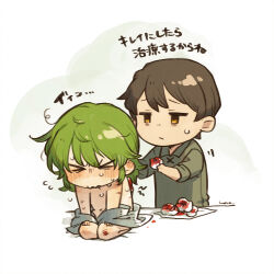 Rule 34 | &gt; &lt;, 1boy, 1girl, bandages, bed sheet, bleeding, blood, blush, brown hair, chibi, collared shirt, cotton ball, cuts, ear blush, facing viewer, first aid, green hair, grey shirt, herayoshi, holding sewing needle, injury, jitome, kiki (herayoshi), looking at another, messy hair, navel, nose blush, on bed, orange eyes, original, outstretched arm, scratches, seiza, shirt, short hair, sitting, sleeves rolled up, string, sweat, sweatdrop, topless, wavy mouth, white background, wince, x navel