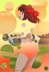 Rule 34 | 1girl, artist name, blush, bottle, brown eyes, brown hair, censored, cityscape, commentary request, cowboy shot, dated, day, elbow pads, from behind, frown, girls und panzer, headband, holding, holding bottle, knee pads, kondou taeko, looking at viewer, looking back, medium hair, mimic (ryon733), nude, open mouth, orange sky, outdoors, partial commentary, red headband, short hair, signature, sky, solo, standing, twilight, water bottle