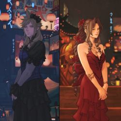 Rule 34 | 1boy, 1girl, aerith gainsborough, aerith gainsborough (red dress), armlet, bare shoulders, black dress, blonde hair, blue corset, bracelet, breasts, brown hair, cleavage, closed eyes, cloud strife, cloud strife (blue dress), corset, cowboy shot, crimson sun, crossdressing, dress, final fantasy, final fantasy vii, final fantasy vii remake, fishnet armwear, flamenco dress, flower, frilled dress, frills, hair flower, hair ornament, hair ribbon, jewelry, lantern, long dress, medium breasts, multiple necklaces, neon lights, official alternate costume, parted bangs, ponytail, puffy short sleeves, puffy sleeves, red dress, red flower, red ribbon, ribbon, ringlets, short sleeves, sidelocks, spiked hair, square enix, strapless, strapless dress, v arms, wall market, wavy hair
