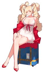 Rule 34 | 1girl, artist name, blonde hair, breasts, cleavage, colored eyelashes, crossed legs, dress, drill hair, hand on own leg, highres, long hair, luggage, original, red eyes, rolling suitcase, ryusei hashida, signature, simple background, sitting, skirt, solo, suitcase, thighs, twin drills, white background, white dress