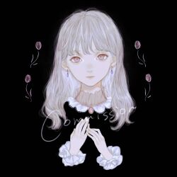 Rule 34 | 1girl, black background, blending, brooch, commission, earrings, expressionless, flower, grey eyes, highres, jewelry, long hair, looking at viewer, original, own hands together, shirone (coxo ii), simple background, solo, straight-on, tulip, upper body, white hair