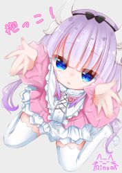 Rule 34 | 1girl, absurdres, arms up, blue eyes, blunt bangs, bow, capelet, channmirunya, dragon girl, dragon horns, dress, from above, grey background, hair bow, highres, horns, kanna kamui, kobayashi-san chi no maidragon, long hair, looking up, low twintails, no shoes, outstretched arms, pink dress, pink hair, ribbon, short dress, simple background, sitting, solo, thighhighs, twintails, white capelet, white thighhighs