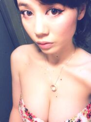 Rule 34 | 1girl, breasts, brown eyes, brown hair, cleavage, female focus, indoors, japanese (nationality), jewelry, large breasts, looking at viewer, medium hair, mole, necklace, photo (medium), solo, upper body, yoshikawa aimi