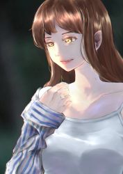 Rule 34 | 1girl, artist name, artist request, bare shoulders, black background, blouse, blush, breasts, brown eyes, brown hair, close-up, collarbone, female focus, hair between eyes, half-closed eyes, highres, kunikida hanamaru, light brown hair, long hair, looking at viewer, love live!, love live! sunshine!!, parted lips, pink lips, shirt, smile, solo, upper body, vertical-striped sleeves, white shirt, yellow eyes