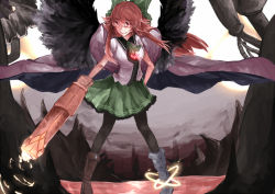 Rule 34 | 1girl, arm cannon, asymmetrical footwear, bad id, bad pixiv id, bird wings, black pantyhose, boots, bow, breasts, brown hair, cape, green bow, green skirt, hair bow, large breasts, long hair, looking at viewer, mismatched footwear, lava, pantyhose, red eyes, reiuji utsuho, shirt, short sleeves, skirt, smile, solo, third eye, touhou, weapon, wings, zairen