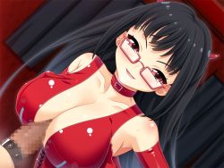 Rule 34 | 1girl, bare shoulders, black hair, breasts squeezed together, breasts, censored, cleavage, clockup, collar, elbow gloves, femdom, game cg, glasses, gloves, horns, large breasts, latex, latex gloves, lingerie, long hair, looking at viewer, open mouth, paizuri, penis, red eyes, sado bu! s onna ni ijime nukare bu, single horn, smile, underwear