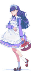 Rule 34 | 1girl, akinbo (hyouka fuyou), apron, basket, blunt bangs, closed mouth, delicious party precure, dress shirt, food, from side, fruit, full body, highres, holding, holding basket, kasai amane, layered skirt, long hair, looking at viewer, maid, maid headdress, medium skirt, neck ribbon, precure, purple hair, purple ribbon, purple shirt, purple skirt, red eyes, red footwear, ribbon, shirt, simple background, skirt, socks, solo, standing, white apron, white background, white socks