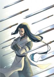 Rule 34 | 1boy, aqua eyes, black hair, commentary request, cowboy shot, crossed arms, fate (series), floating hair, gate of babylon (fate), long hair, low-tied long hair, rkp, signature, solo, sword, luo xiaohei zhanji, very long hair, weapon, wuxian (the legend of luoxiaohei)