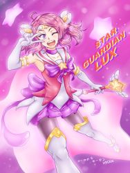 Rule 34 | 1girl, ;), ahoge, alternate costume, alternate hair color, alternate hairstyle, ankle wings, armlet, black pantyhose, blush, boots, breasts, character name, choker, circlet, elbow gloves, gloves, gradient background, highres, league of legends, lux (league of legends), magical girl, one eye closed, open mouth, pantyhose, pink hair, pleated skirt, purple eyes, sailor collar, skirt, small breasts, smile, solo, star (symbol), star guardian (league of legends), star guardian lux, thigh boots, thighhighs, tiara, twintails, vilde loh hocen, wand, white footwear, white gloves, white thighhighs, wings