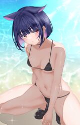 1girl absurdres animal_ears beach bikini black_bikini black_footwear black_hair blue_archive colored_inner_hair commentary_request full_body highres kazusa_(blue_archive) micro_bikini multicolored_hair navel pink_eyes pink_hair sand solo sparkle squatting stomach swimsuit thighs wakaunderblade7 water