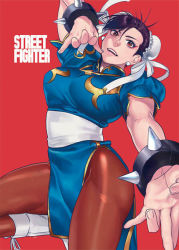 Rule 34 | 1girl, boots, bracelet, brown eyes, brown hair, bun cover, capcom, china dress, chinese clothes, chun-li, double bun, dress, earrings, fighting stance, icym, jewelry, pantyhose, pelvic curtain, short hair, solo, spiked bracelet, spikes, street fighter
