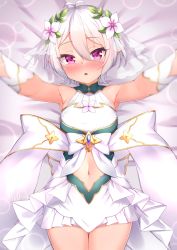 Rule 34 | 1girl, antenna hair, armpits, bare shoulders, bed sheet, blush, breasts, chinese commentary, clothing cutout, commentary request, dress, flower, gloves, gmkj, hair between eyes, hair flower, hair ornament, highres, kokkoro (princess connect!), looking at viewer, lying, navel, navel cutout, nose blush, on back, on bed, open mouth, outstretched arms, pink eyes, pointy ears, princess connect!, short hair, silver hair, sleeveless, sleeveless dress, small breasts, solo, triangle mouth