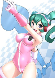 Rule 34 | 1girl, blush, breasts, calen (time bokan), cameltoe, clock hands, covered erect nipples, dutch angle, gloves, green hair, headgear, large breasts, leotard, looking at viewer, open mouth, pointing, ponytail, purple eyes, sakura ryuuken, sleeveless, smile, solo, standing, teeth, thighhighs, time bokan (series), time bokan 24, white gloves