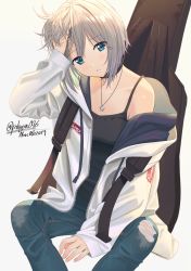 Rule 34 | 1girl, aoba moca, aqua eyes, arm up, artist name, bag, bang dream!, bare shoulders, black shirt, blush, breasts, clothes writing, collarbone, commentary, commentary request, dated, denim, dot nose, grey hair, guitar case, hair between eyes, hand in own hair, hand on own face, highres, hood, hood down, hooded jacket, instrument case, jacket, jeans, jewelry, long sleeves, looking at viewer, medium breasts, necklace, open clothes, open jacket, pants, parted lips, poligon (046), shirt, short hair, simple background, sitting, solo, star (symbol), star necklace, tank top, torn clothes, torn jeans, torn legwear, torn pants, twitter username, white background, white jacket, wide sleeves, zipper