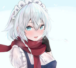 Rule 34 | 1girl, :d, absurdres, black gloves, blue dress, blue eyes, blush, braid, breasts, buttons, commentary request, dress, frills, gloves, gradient background, hair between eyes, hand up, highres, izayoi sakuya, large breasts, blue background, maid headdress, open mouth, red scarf, scarf, short hair with long locks, side braids, silver hair, simple background, smile, solo, touhou, twin braids, upper body, white headwear, yuzi (32745637280)
