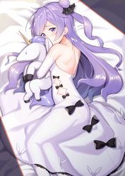 Rule 34 | 1girl, azur lane, back, bare shoulders, bed sheet, black bow, black ribbon, blush, bow, closed mouth, commentary request, detached sleeves, dress, hair bun, hair ribbon, halterneck, highres, kinsenka momi, long hair, long sleeves, looking at viewer, lying, hugging object, on side, one side up, pantyhose, purple eyes, purple hair, ribbon, side bun, signature, single hair bun, single side bun, sleeveless, sleeveless dress, solo, stuffed animal, stuffed pegasus, stuffed toy, stuffed unicorn, stuffed winged unicorn, unicorn (azur lane), very long hair, white dress, white pantyhose