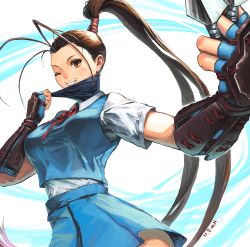 Rule 34 | 1girl, ;d, antenna hair, bad perspective, between fingers, black hair, blue gloves, blue skirt, blue theme, breasts, brown eyes, e.de.n, elbow gloves, fingerless gloves, foreshortening, gloves, grin, high ponytail, highres, holding, ibuki (street fighter), kunai, long hair, mask, mask pull, medium breasts, mouth mask, one eye closed, open mouth, outstretched arm, pleated skirt, school uniform, shirt, short sleeves, skirt, smile, solo, street fighter, street fighter v, taut clothes, taut shirt, vambraces, very long hair, weapon