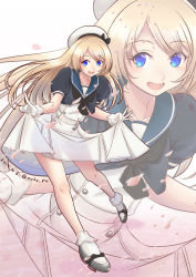 Rule 34 | 1girl, blonde hair, blue eyes, blue sailor collar, commentary request, dress, full body, gloves, hat, jervis (kancolle), kantai collection, long hair, mary janes, moke ro, open mouth, sailor collar, sailor dress, sailor hat, shoes, short sleeves, solo, white dress, white gloves, white hat, zoom layer