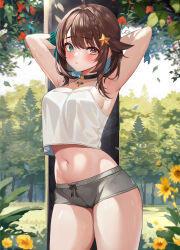 Rule 34 | 1girl, ahoge, armpits, arms behind head, arms up, bare arms, bare shoulders, black choker, braid, breasts, brown eyes, brown hair, camisole, choker, commission, cowboy shot, crop top, crop top overhang, day, docozi, drawstring, flower, green eyes, grey shorts, hair ornament, heterochromia, highres, indie virtual youtuber, large breasts, looking at viewer, medium hair, meica (vtuber), micro shorts, midriff, navel, outdoors, shirt, shorts, skeb commission, sleeveless, sleeveless shirt, solo, spaghetti strap, standing, star (symbol), star hair ornament, stomach, sunflower, sweat, thighs, virtual youtuber, white shirt