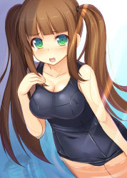 Rule 34 | 1girl, blush, breasts, brown hair, collarbone, gradient background, green eyes, kageira, large breasts, long hair, one-piece swimsuit, original, partially submerged, school swimsuit, smile, solo, swimsuit, twintails, water