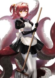 Rule 34 | 1girl, black gloves, blush, breasts, brown eyes, closed mouth, elbow gloves, gloves, highres, holding, holding mop, large breasts, latex, latex gloves, latex thighhighs, maid, maid headdress, monster girl, mop, nima (niru54), original, puffy short sleeves, puffy sleeves, red hair, scylla, short hair, short sleeves, solo, tentacles, thighhighs, white thighhighs