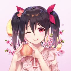 Rule 34 | 1girl, :p, artist name, artist request, bare shoulders, black hair, blouse, blush, bow, collarbone, female focus, food, fruit, gakuon (gakuto), hair between eyes, hair bow, hair ornament, heart, heart hair ornament, highres, holding, looking at viewer, love live!, love live! school idol project, one eye closed, peach, pink shirt, red bow, red eyes, shirt, short hair, smile, solo, tongue, tongue out, twintails, water drop, yazawa nico