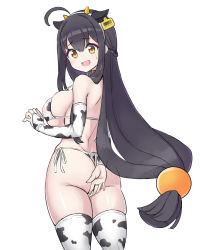 Rule 34 | 1girl, ahoge, animal costume, animal ears, animal print, ara haan, ass, bikini, black hair, blush, braid, breasts, bridal gauntlets, collar, covered erect nipples, covering privates, covering ass, cow costume, cow ears, cow girl, cow print, cowboy shot, elsword, embarrassed, hair ornament, haun (exodinary), highres, horns, large breasts, long hair, looking at viewer, open mouth, side-tie bikini bottom, smile, solo, swimsuit, tag, thighhighs, very long hair, yellow eyes