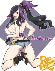 Rule 34 | 1girl, agawa ryou, anklet, artist name, ass, bad id, bad tumblr id, black hair, breasts, denim, denim shorts, fang, feet, gloves, high heels, huge breasts, jewelry, kneeling, looking at viewer, looking back, multicolored hair, open shoes, pointy ears, purple hair, red eyes, shoe soles, short shorts, shorts, sideboob, single glove, solo, thighs, watermark, web address