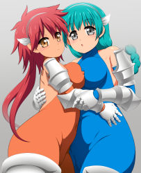 Rule 34 | 2girls, :&lt;, anime coloring, aqua hair, arm grab, armor, asymmetrical docking, back, black eyes, braid, breast press, breasts, brown eyes, cameltoe, capitan (tsyoujo), covered navel, detached sleeves, covered erect nipples, grey background, hairband, highres, long hair, looking at viewer, looking back, medium breasts, multiple girls, open mouth, original, red hair, simple background, skin tight, tan, thighhighs