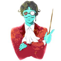 Rule 34 | 1boy, conductor baton, black hair, blue skin, colored sclera, colored skin, facial hair, glasses, gregory horror show, jacket, mustache, red jacket, red sclera