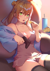 Rule 34 | 1girl, absurdres, black legwear, breasts, brown hair, chips (food), cleavage, collarbone, controller, cup, double bun, drinking straw, eating, food, girls&#039; frontline, green eyes, hair bun, highres, holding, holding controller, holding food, long hair, medium breasts, open mouth, potato chips, ren huozhe, rfb (girls&#039; frontline), sitting, sleepwear, thighs