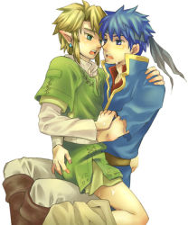 Rule 34 | 2boys, blonde hair, blue eyes, blue hair, blush, clothes pull, cum, fire emblem, holding, ike (fire emblem), link, male focus, multiple boys, nintendo, open mouth, pants, pants pull, sitting, sitting on lap, sitting on person, the legend of zelda, yaoi
