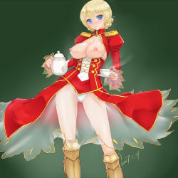 Rule 34 | 10s, blonde hair, blue eyes, boots, braid, breasts, breasts out, center opening, cosplay, cup, darjeeling (girls und panzer), dress, epaulettes, fate/extra, fate (series), girls und panzer, green background, highres, lactation, large breasts, leotard, nero claudius (fate), nero claudius (fate) (all), nero claudius (fate/extra), nero claudius (fate/extra) (cosplay), nipples, rasukaru, red dress, saucer, see-through, short hair, showgirl skirt, steam, teacup, teapot, twin braids