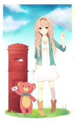 Rule 34 | 1girl, blue eyes, boots, casual, highres, japanese postal mark, jewelry, letter, long hair, love letter, megurine luka, necklace, pink hair, postbox, sleeves rolled up, solo, stuffed animal, stuffed toy, teddy bear, uetsuki aisa, vocaloid