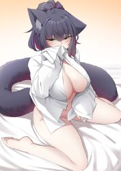 Rule 34 | 1girl, absurdres, animal ear fluff, animal ears, arknights, barefoot, black hair, bottomless, breasts, cat ears, cat tail, commentary, gradient background, green eyes, groin, highres, jessica (arknights), k0ng, large breasts, large tail, long sleeves, multicolored hair, navel, open clothes, open shirt, orange background, purple hair, shirt, short hair, sitting, solo, streaked hair, tail, thighs, wariza, white shirt