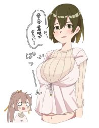 Rule 34 | 2girls, blush, breasts, brown hair, cosplay, fujisaki (si da), hiryuu (kancolle), kantai collection, kazagumo (kancolle) (cosplay), kazagumo (kancolle), large breasts, long hair, midriff, multiple girls, navel, one side up, ponytail, ribbed sweater, short hair, simple background, solo focus, sweater, translation request, white background