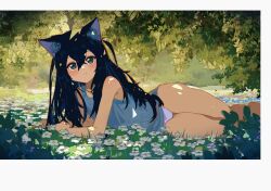 Rule 34 | 1girl, absurdres, animal ear fluff, animal ears, black hair, blue eyes, blue shirt, blush, border, cat ears, closed mouth, crossed bangs, dappled sunlight, day, feet out of frame, flower, grass, hair between eyes, highres, kgt (pixiv12957613), long bangs, long hair, looking at viewer, lying, nature, no pants, on side, original, outdoors, panties, pink panties, plant, shirt, smile, solo, sunlight, thighs, underwear, white border, white flower