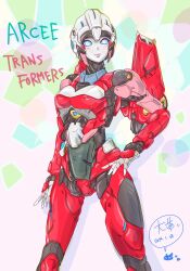 Rule 34 | 1girl, arcee, blue eyes, blue sclera, breasts, colored sclera, crotch plate, diarmyuri, flame toys, flame toys arcee, glowing, glowing eyes, hand on own hip, helmet, highres, humanoid robot, medium breasts, pink lips, robot, robot girl, solo, transformers