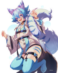 Rule 34 | 1boy, animal ears, archon eclipse, bell, black choker, blue eyes, blue footwear, blue hair, boots, choker, claw pose, hair ornament, heart, heart hair ornament, highres, indie virtual youtuber, leopard boy, leopard ears, leopard tail, long sleeves, looking at viewer, male focus, marking on cheek, neck bell, short hair, smile, snow leopard, spotted tail, squatting, tail, thigh boots, thigh strap, trap, virtual youtuber, wide sleeves, zero-go