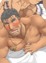 Rule 34 | 2boys, anal, bara, beard, completely nude, cum, cum overflow, dagon (housamo), dark-skinned male, dark skin, drooling, facial hair, grey hair, jewelry, large pectorals, lying, male focus, male penetrated, mature male, multiple boys, muscular, muscular male, necklace, nude, on stomach, out of frame, pectorals, sex, short hair, shumeru hito (a sumerian0112), sideburns, solo focus, sweat, tentacle sex, tentacles, textless version, tokyo houkago summoners, yaoi