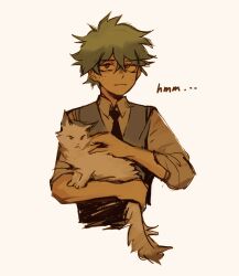 Rule 34 | 1boy, animal, black necktie, boku no hero academia, cat, closed mouth, collared shirt, commentary, cropped torso, english commentary, fenkko, freckles, green hair, hair between eyes, highres, holding, holding animal, holding cat, male focus, midoriya izuku, necktie, petting, shirt, short hair, simple background, solo, upper body, vest, white background, white cat, white shirt