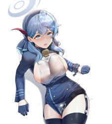 Rule 34 | 1girl, absurdres, ako (blue archive), bell, black gloves, blue archive, blue coat, blue eyes, blue hair, blue hairband, blush, breasts, coat, earrings, garter straps, gloves, hair between eyes, hair ribbon, hairband, half gloves, halo, highres, hyury, jewelry, large breasts, long hair, looking at viewer, neck bell, open mouth, red ribbon, ribbon, solo, thighhighs, thighs, wet, wet clothes, white background
