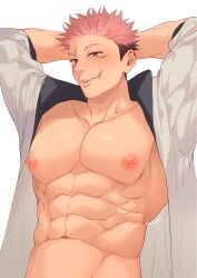 Rule 34 | 1boy, abs, arms behind head, bara, bare pectorals, brown eyes, ccccc (jpn m0), facial mark, highres, itadori yuuji, jacket, jujutsu kaisen, large pectorals, male focus, muscular, muscular male, navel, nipples, open clothes, open jacket, pectorals, pink hair, scar, scar on face, scar on mouth, short hair, solo, twitter username, undercut, upper body, white jacket