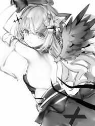 Rule 34 | 1girl, absurdres, amane kanata, amane kanata (another world), arms up, backless outfit, bandaged arm, bandages, bare back, bare shoulders, breasts, detached wings, feathered wings, greyscale, hair between eyes, halo, highres, hololive, long hair, looking at viewer, monochrome, nanashi (nlo), official alternate costume, official alternate hair length, official alternate hairstyle, simple background, single hair intake, small breasts, solo, star halo, virtual youtuber, wings