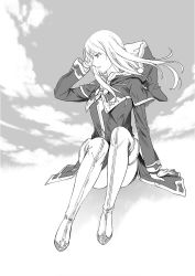 Rule 34 | 1girl, arm support, boots, break blade, capelet, day, floating hair, greyscale, hand in own hair, highres, hood, hood down, hooded capelet, long hair, looking to the side, monochrome, official art, outdoors, profile, short shorts, shorts, sigyn erster, sitting, solo, thigh boots, thighhighs, yoshinaga yunosuke