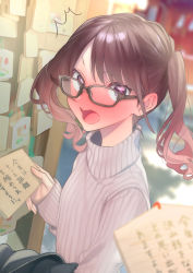 Rule 34 | 1girl, absurdres, blurry, blush, brown hair, commentary, ema, glasses, highres, open mouth, original, pink eyes, pov, rinku (rin9), sweater, translated, turtleneck, turtleneck sweater, twintails, upper body