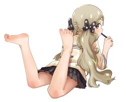 Rule 34 | 1girl, bare legs, barefoot, black skirt, blush, bow, cabbage (chlehd2239), feet, feet up, hair bow, handa roco, highres, holding, holding pencil, idolmaster, idolmaster million live!, legs, light brown hair, long hair, looking at viewer, lying, on stomach, pencil, polka dot, polka dot bow, sideways glance, simple background, skirt, soles, solo, toes, twintails, very long hair, white background