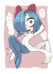Rule 34 | alternate color, arms behind head, bags under eyes, blue hair, colored skin, creatures (company), fangs, game freak, gen 3 pokemon, hair over one eye, highres, horns, ino (tellu0120), kirlia, multicolored skin, nintendo, pink background, pink eyes, pokemon, pokemon (creature), shiny pokemon, simple background, speech bubble, translation request, two-tone skin, white skin