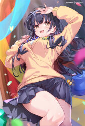 Rule 34 | 1girl, arm up, black hair, black skirt, blue bow, blue bowtie, blush, boku no kokoro no yabai yatsu, bow, bowtie, breasts, brown eyes, charm (object), commentary, confetti, hand up, hong (white spider), long hair, long sleeves, looking to the side, lying, medium breasts, miniskirt, mole, mole on neck, on back, open mouth, patreon username, pleated skirt, school uniform, signature, skirt, smile, solo, sweater, teeth, thighs, upper teeth only, yamada anna, yellow sweater